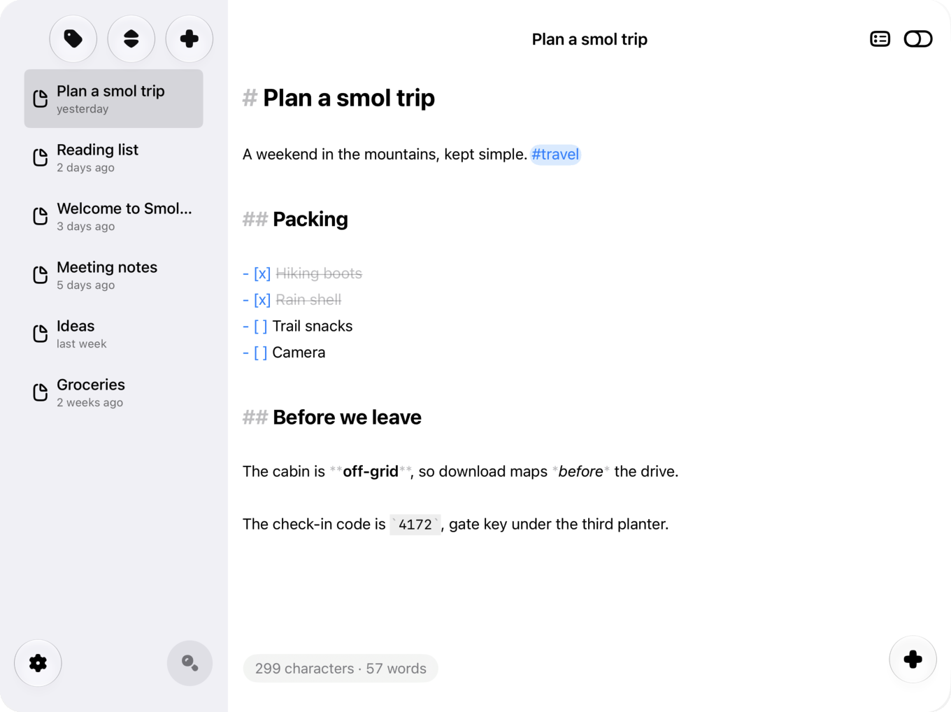 Smolpad's iPhone app in a wide window on iOS 27, with the note list on the left and a note open in the editor on the right.